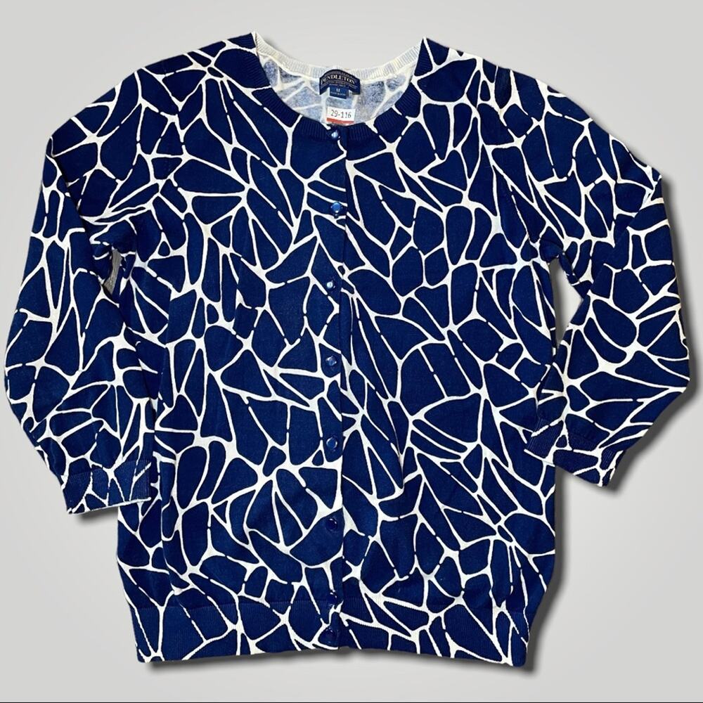 PENDLETON PREPPY CARDIGAN ANIMAL GARAFFE PRINT SWEATER BLUE M